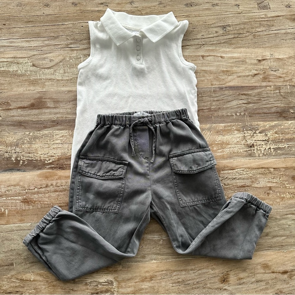 Zara 2 piece outfit Grey Joggers With Sleeves White Collared Top SZ 3-4 Years